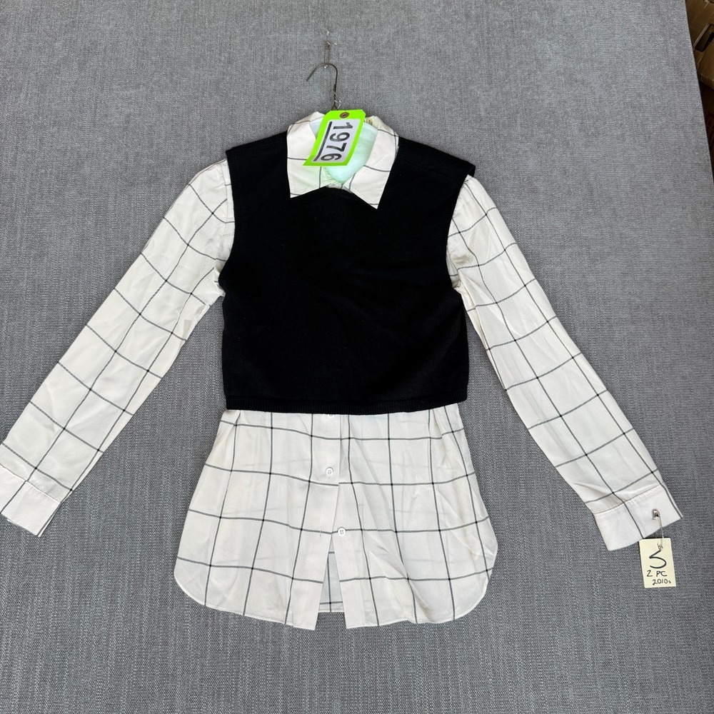 Alice + Olivia Layered Shirt Sweater Top Womens S Multi Grid Wool Cashmere Blend